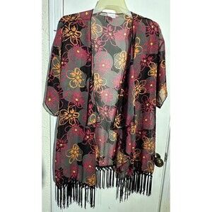 LuLaRoe Monroe Sheer Kimono Cardigan Top Open Front Floral Fringe Size L